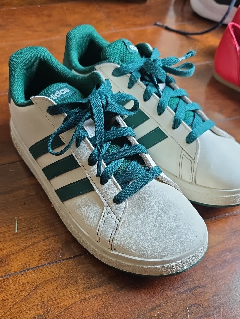 adidas Kids White Sneakers with Dark Green Stripes